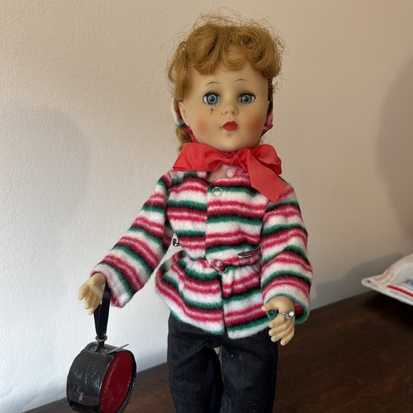 Vintage Antique Striped Doll with Red Bow - Picture 2 of 8